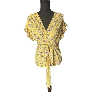 Max Studio Yellow Floral Blouse - Tie Waist - Bright Summer Print
